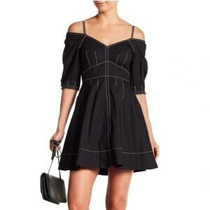 Derek Lam 10 Crosby Black Poplin Off Shoulder Fit Flare Mini Dress Sz 6